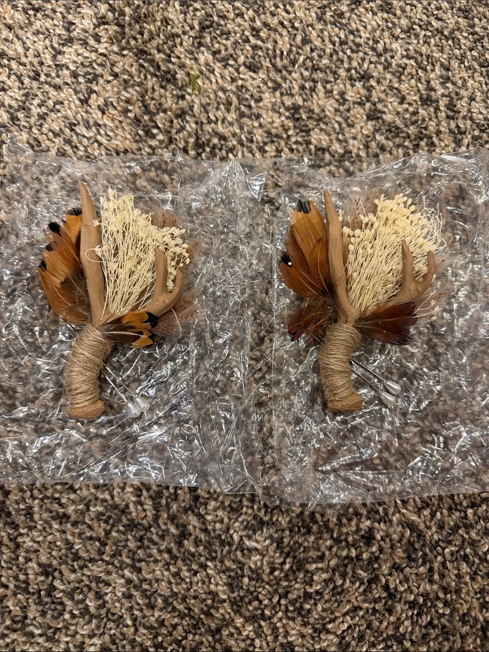 Rustic Brown Feather and Dried Floral Boutonniere (Set of 2)
